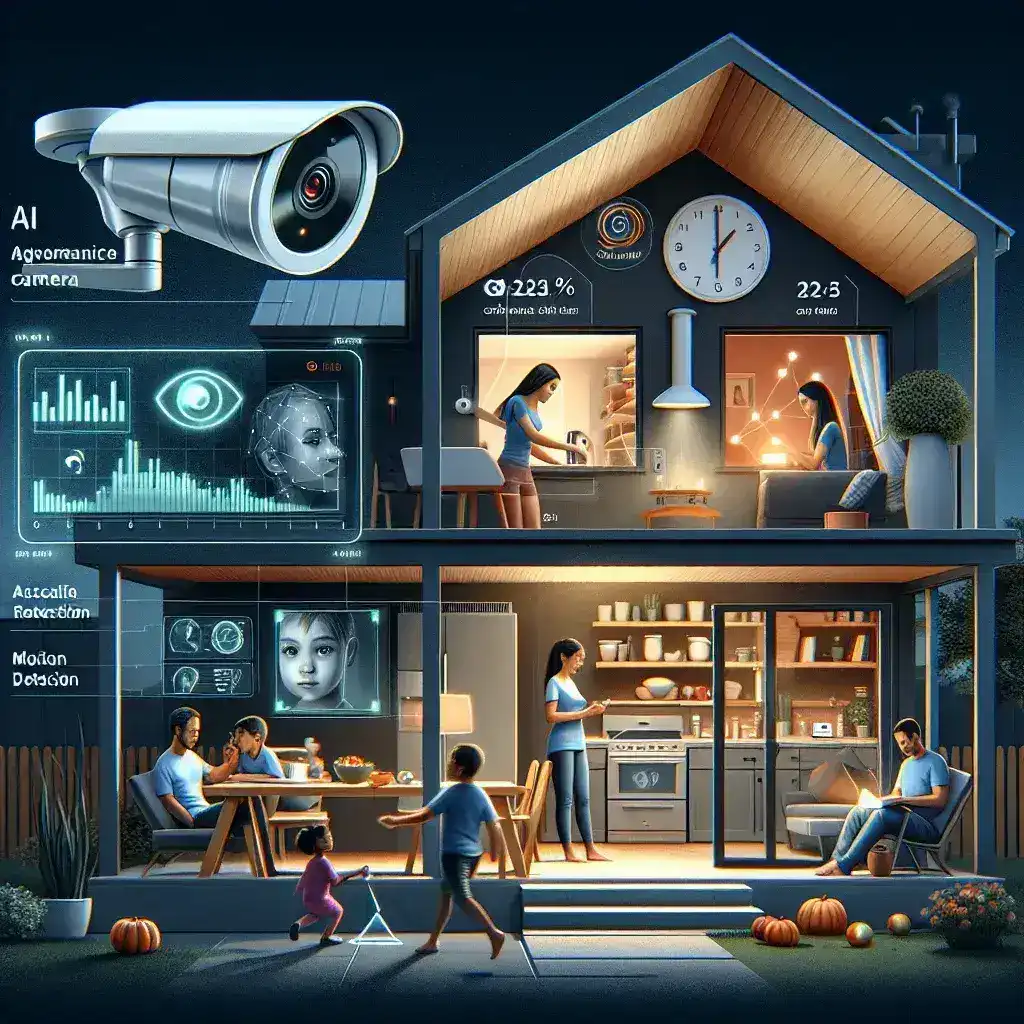 "Home security system with advanced AI detection technology showcasing 99.5% accuracy rate for enhanced safety and surveillance."